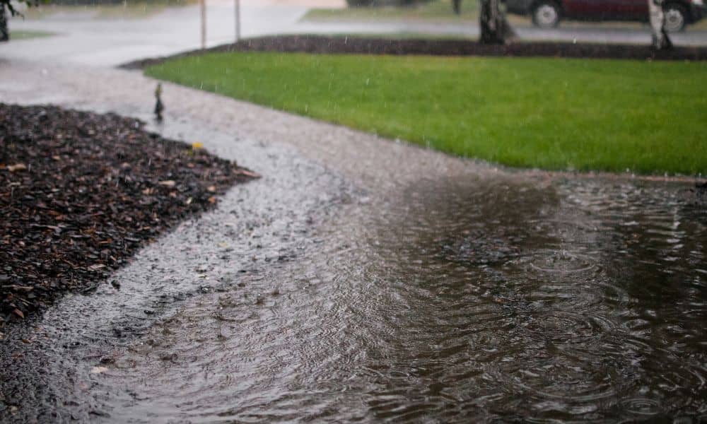 Rainwater pooling along a residential driveway showing why a flood elevation certificate is important for homeowners