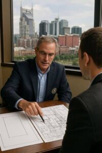 Professional comparing a standard property survey with a detailed ALTA Land Title Survey showing boundaries, easements, and improvements