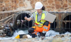 Civil engineer testing water near storm drain during flood prevention work in Nashville