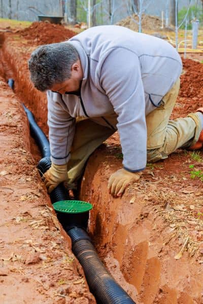 Civil engineering worker installing drainage pipe to prevent flooding in Nashville 
