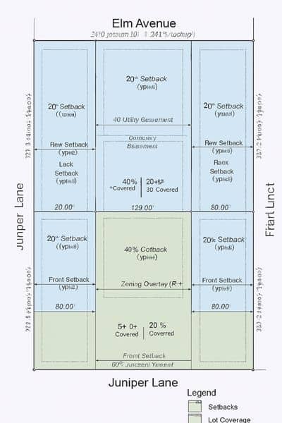 Property survey map with zoning overlays showing setbacks, utility easements, and lot coverage for residential development
