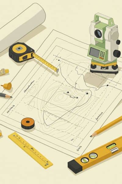 Survey equipment and contour map illustrating alta title survey details for construction planning