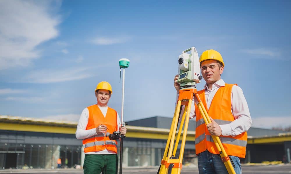 Gnss total station survey team commercial site - ALTA SURVEY Nashville Commercial property surveyor team performing GNSS and total station checks on an active commercial construction site