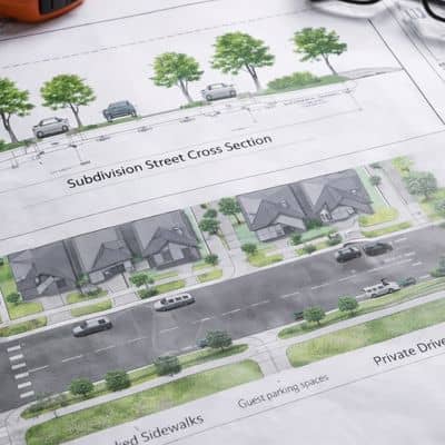 Civil engineer reviewing a residential street layout plan designed to improve parking flow and reduce conflicts in a housing subdivision