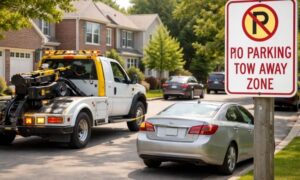 Tow truck removing a car from a residential street in a housing subdivision with a no parking tow away sign visible