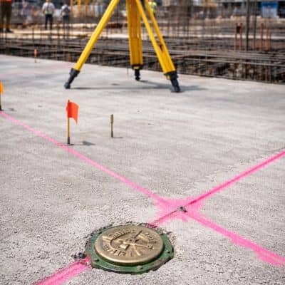 Construction surveyor control point and benchmark used to maintain layout accuracy during active construction