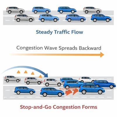 Traffic flow stability diagram - ALTA SURVEY Nashville Diagram showing how steady vehicle spacing prevents stop-and-go traffic waves, a concept used in transportation engineering to improve highway flow