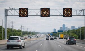 Overhead digital speed limit signs managing traffic flow on a busy interstate as part of modern transportation engineering