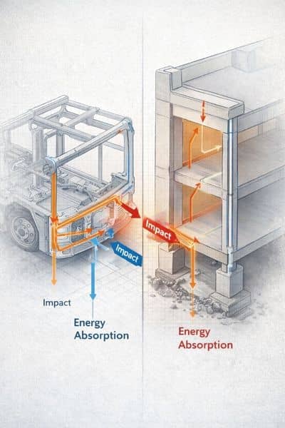 Realistic illustration of a building frame showing load paths and energy absorption with diagrams to explain structural integrity