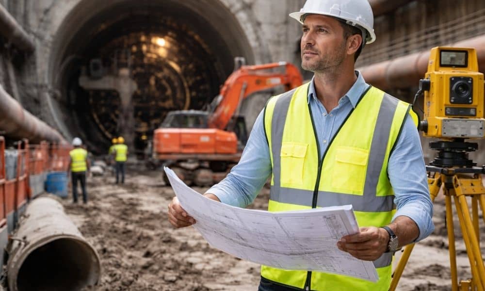 A consulting engineer wearing a safety helmet and vest reviews blueprints at a high-risk tunnel construction site with surveying equipment in the background