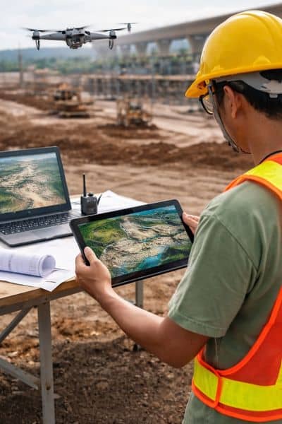 Civil engineer reviewing a 3D site map while a drone captures data over a construction site