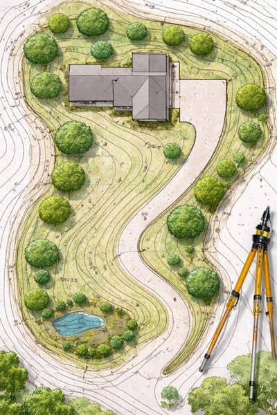Topographic map of a residential property showing contour lines and elevation changes that a topographic survey uses to understand land and drainage