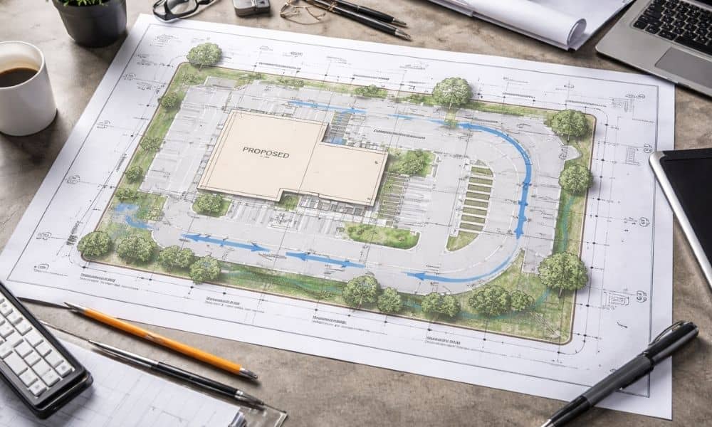 Site plan blueprint showing layout, drainage, and property lines prepared by an engineering firm