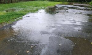 Standing water on a residential driveway after rain showing drainage issues a topographic survey can help identify