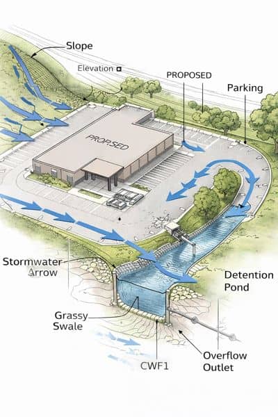 Stormwater drainage diagram showing water flow, slopes, and runoff control designed by an engineering firm