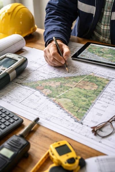 Surveyor reviewing maps and documents to plan a home survey and check property boundaries
