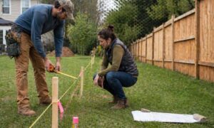 Homeowner and contractor reviewing fence placement along a marked property line with guidance from a licensed surveyor