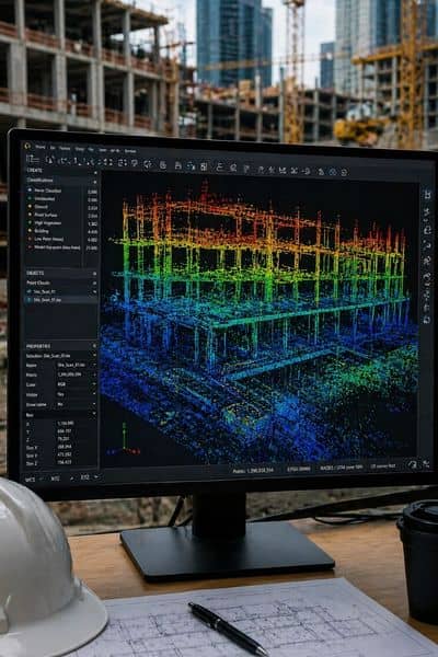 Portrait view of a construction site showing a detailed LiDAR point cloud model over buildings and terrain, highlighting structural geometry and elevation differences in a realistic engineering scan visualization