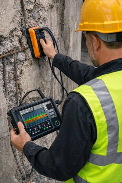 A structural engineer uses technical tools to inspect a parking garage wall, checking beams and supports for hidden risks after fire damage