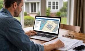Homeowner checking an elevation certificate on a laptop while reviewing property records at home