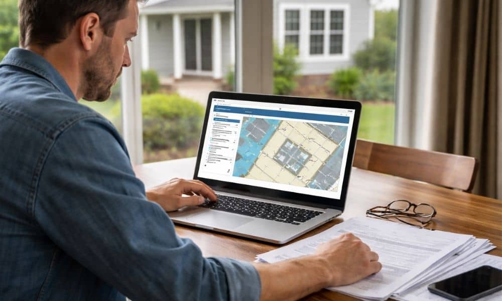 Homeowner checking an elevation certificate on a laptop while reviewing property records at home