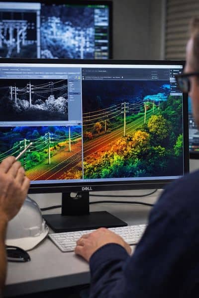 Engineers in the field using LiDAR mapping equipment to survey trees and utility lines