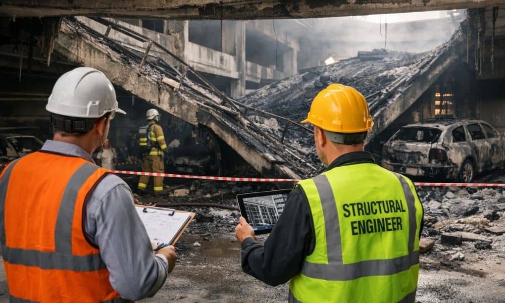 A structural engineer inspects a fire-damaged parking garage, checking beams and supports to identify hidden risks and ensure building safety