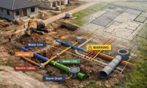 Residential site plan utility overlay - ALTA SURVEY Nashville A residential construction site showing a planned layout with visible underground utility lines and drainage paths, highlighting how engineering services help prevent conflicts before building