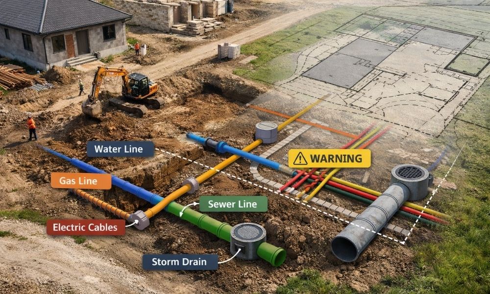 Residential site plan utility overlay - ALTA SURVEY Nashville A residential construction site showing a planned layout with visible underground utility lines and drainage paths, highlighting how engineering services help prevent conflicts before building