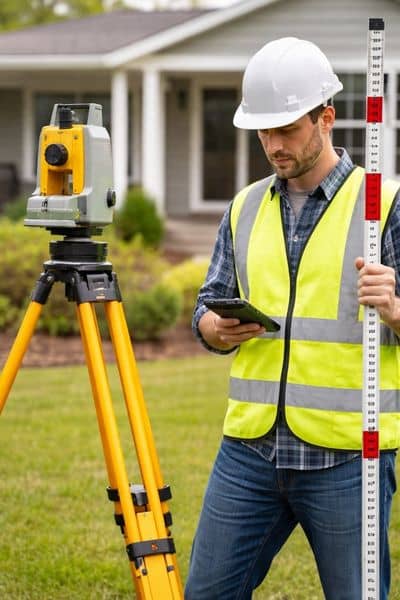 Land surveyor measuring elevation in front of a house using surveying equipment during a property assessment