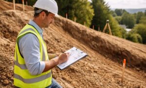 Soil engineer inspecting a sloped lot before grading work to check ground stability and soil conditions