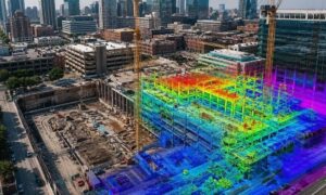 Aerial view of a dense urban construction site with cranes and active building work, overlaid with a realistic LiDAR data visualization showing terrain, elevation changes, and structural details across the site