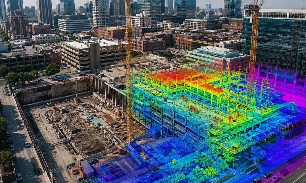 Aerial view of a dense urban construction site with cranes and active building work, overlaid with a realistic LiDAR data visualization showing terrain, elevation changes, and structural details across the site
